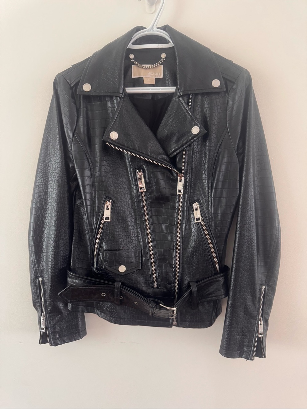 Michael Kors Black Croc-Embossed Leather Motto Jacket